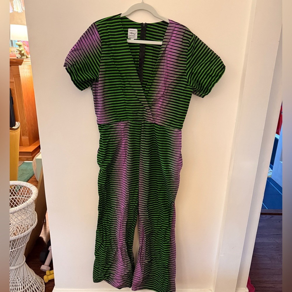 YEVU Funky Stripe Pattern Green & Purple Jumpsuit  XL